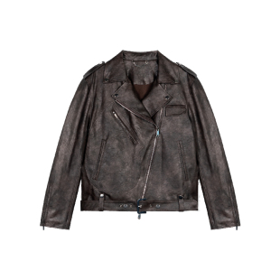 Unawares.做旧仿皮机车夹克女 宽松廓形腰带装饰短款皮衣外套