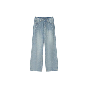 美式高街烫钻牛仔裤女冬季加绒胖妹妹mm高腰宽松显瘦直筒阔腿长裤