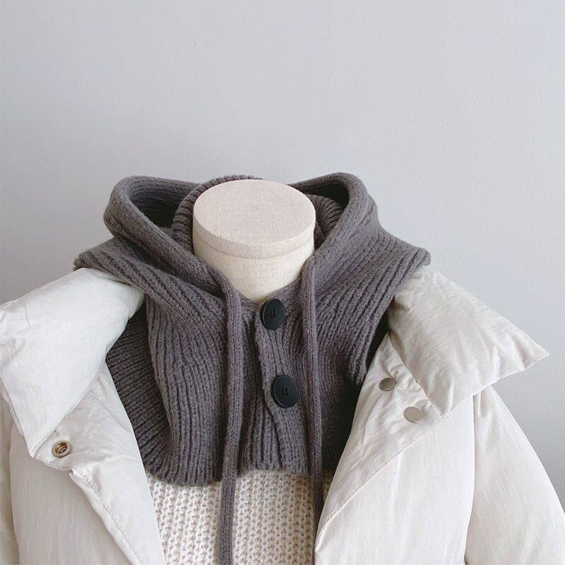 秋冬纯色扣子针织围脖一体帽子 卫衣棉服外套百搭造型连帽假领子