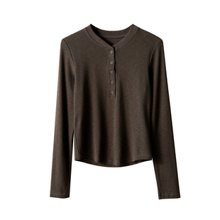 竹节优可丝木纤维 女士亨利领系扣打底衫 长袖T恤上衣 春秋款女装