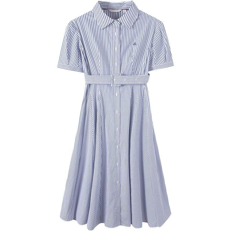 Navigare意大利小帆船夏季新款蓝色短袖条纹连衣裙女显瘦衬衫裙子