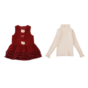 女童连衣裙秋冬季儿童红色背心裙套装冬装女宝宝新年加绒公主裙子