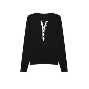 白鹿语V领撞色假两件上衣春秋款微弹修身正肩长袖针织衫女