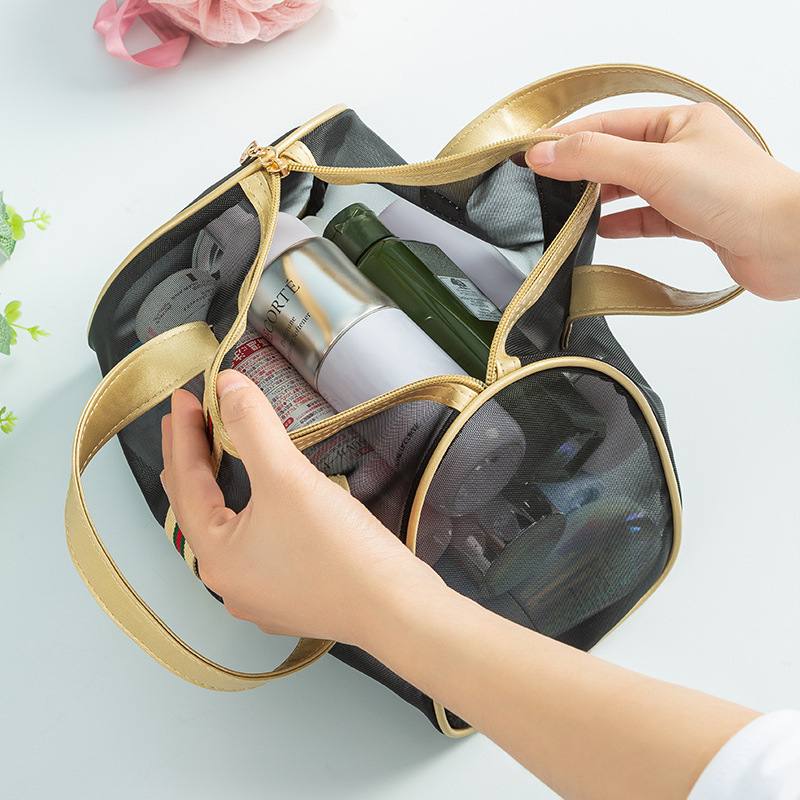 韩版网纱化妆包大容量手提包透气包便携沙滩洗漱旅行收纳网眼包