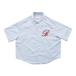 韩国badblood美式复古翻领条纹短袖衬衫宽松刺绣短裤休闲套装