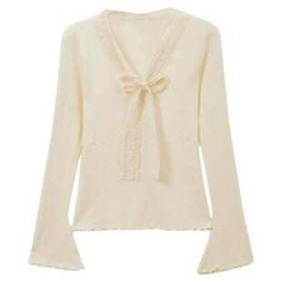 甜辣妹蕾丝系带V领长袖针织衫毛衣女春秋冬季收腰绝美打底衫上衣