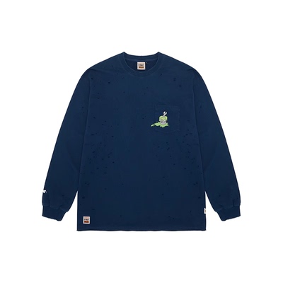 VISION×Hardware联名限定 复古PSYCHO印花破洞口袋圆领长袖T恤