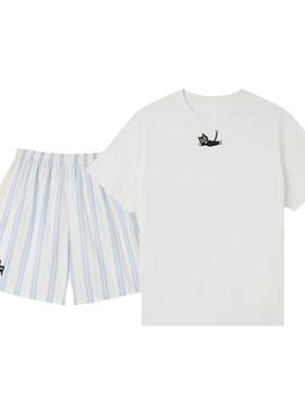形内女白色纯棉条纹家居服套装