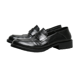 优100马皮褶皱设计师款男士商务休闲手工皮鞋一脚蹬踩跟乐福鞋黑