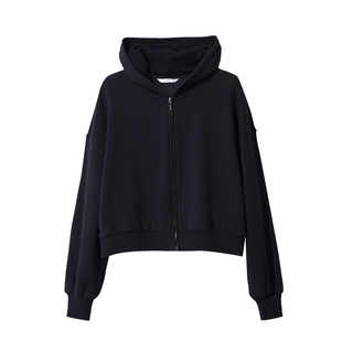 Amii2025冬新款纯色宽松落肩袖拉链连帽内抓毛保暖卫衣外套女