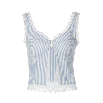 甜辣chic条纹吊带背心蕾丝上衣女