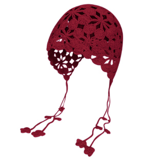 手工编制镂空花朵针织红色套头帽子女春秋旅游拍照穿搭流苏包头帽