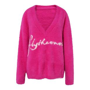 FTT FlyTheTruth『粉红天鹅颈』玫红色V领毛衣女冬慵懒粉色针织衫