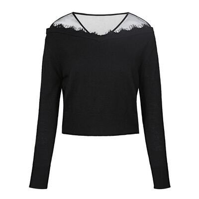 s.deer优雅蕾丝花边黑色针织衫