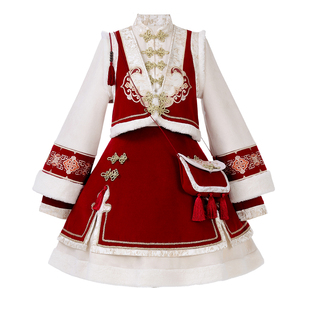 汉元素冬装连衣裙红色迎新年战袍喜庆日常小个子短款马甲女款套装