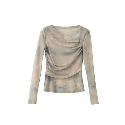 popchrio新中式斜肩网纱印花T恤