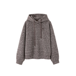 XWI欣未复古花咖抽绳针织连帽卫衣女冬季新款宽松慵懒风套头上衣