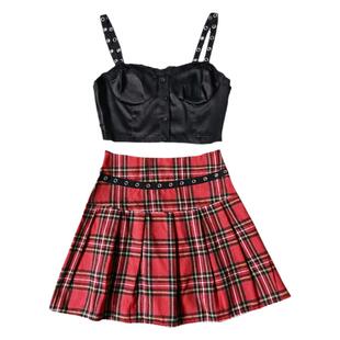 仅一批BM风朋克摇滚美式复古辣妹学院吊带上衣露脐格子半身裙套装