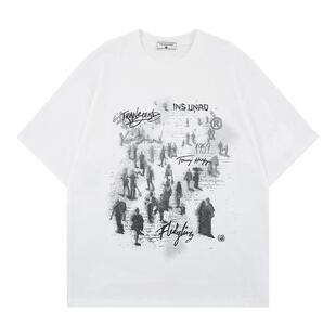 Sixminu 美式复古街头嘻哈短袖虚幻人像T恤女宽松圆领纯棉上衣潮t