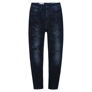 秋冬牛仔裤厚款ABLEJEANS男女长裤深色锥形裤破洞休闲BF男朋友裤