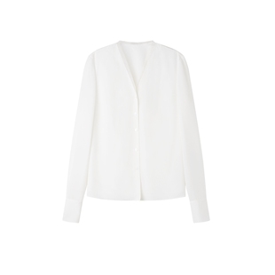 [100%桑蚕丝]TKY SHOP长袖真丝衬衫女夏新季款V领上衣白色衬衣