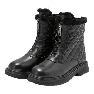 St&Sat/星期六冬季牛皮前拉链厚底保暖绒里时装短靴女SS1411A051