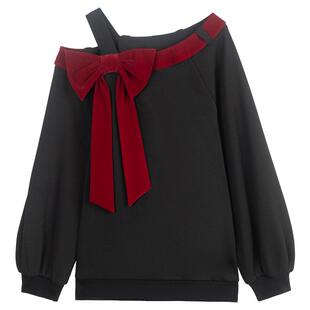 KEIKO 蝴蝶结少女girl 薄款斜肩卫衣女26春季宽松显瘦露肩上衣