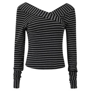 SoloForTwo 新中古多结构针织衫 V领条纹修身一字肩上衣 有腰带