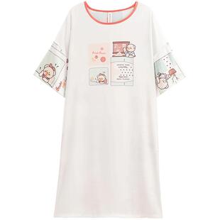 芬腾冰丝睡裙女夏季薄款短袖睡衣裙女款新款休闲加大码家居服中裙