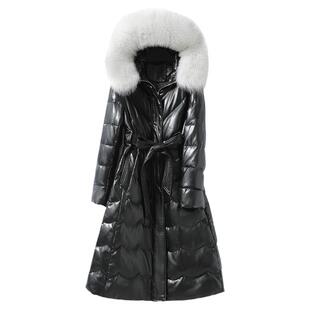 海宁皮羽绒服女中长款黑色系带连帽狐狸毛领白鸭绒外套新款真皮衣