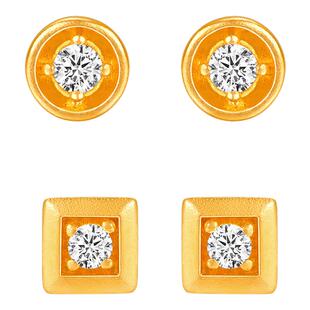 莱绅通灵 蜜糖系列 足金古法黄金方圆镶嵌钻石耳钉