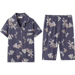 睡衣女夏季纯棉短袖七分短裤中年妈妈家居服夏天夏装薄款两件套装
