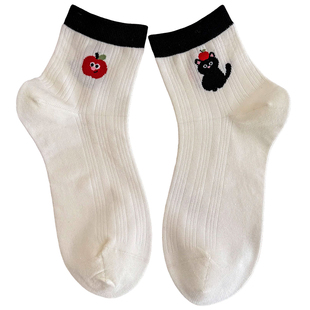 不会丢的袜子 卡通可爱AB短筒袜女春秋ins潮创意拼色夏季薄款棉袜