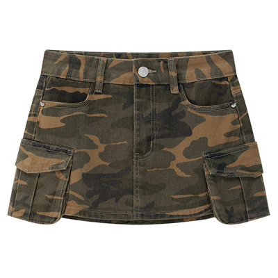 复古多口袋迷彩A字工装短裙