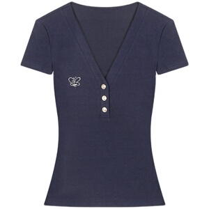 野生zerocircle 灰粉色针织衫女春夏韩系辣妹修身显瘦v领短袖上衣