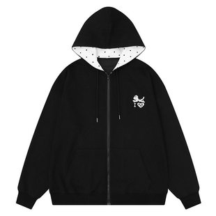 大码女装设计感波点连帽黑色卫衣女秋季胖mm休闲宽松刺绣开衫外套