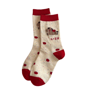 本命年可爱小马大红色袜子女款2026马年纯棉中筒袜新年送礼礼盒