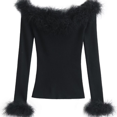 毛毛领袖性感纯欲风一字领针织衫