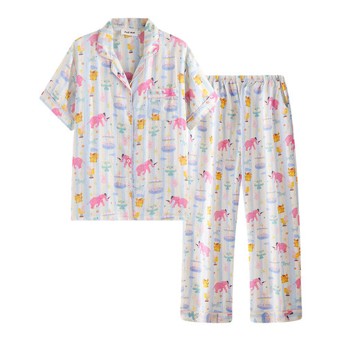 侘町2025新款游乐园大象短袖睡衣女款夏季薄款纯棉网红家居服套装