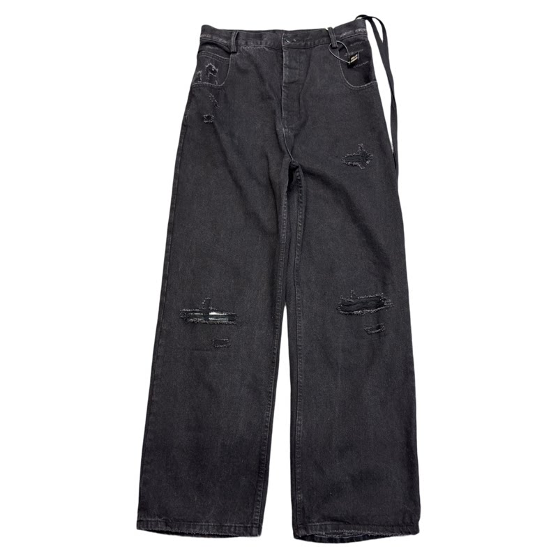 美式潮流复古飘带补丁破洞阔腿牛仔裤新款男女时尚高街做旧休闲裤