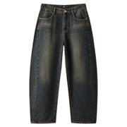 森马做旧复古弯刀裤弧形牛仔裤男