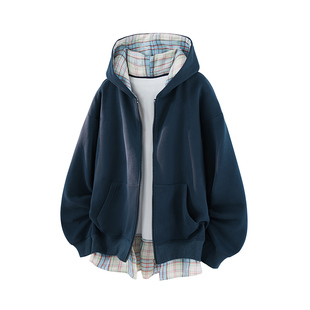 STA ORGAN潮牌假两件格纹开衫卫衣男女春秋新款连帽宽松休闲外套