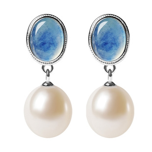 宫里上新珍珠耳钉女天然淡水海蓝宝耳环蓝色宝石冬季耳饰生日礼物