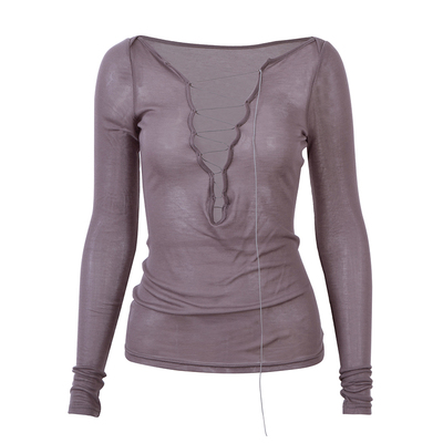 PynkiSwear藏青色/灰(偏紫)100天丝V领微透长袖T恤上衣系绳可调节