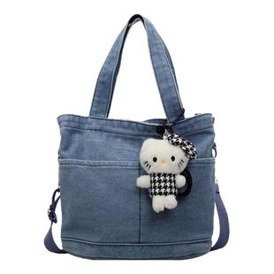 多隔层斜挎包女2025新款高级感牛仔布通勤包小众百搭手拎水桶包