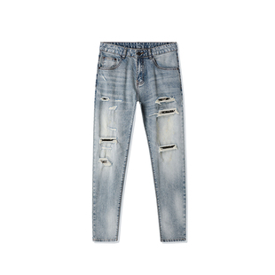 高端破洞补丁浅蓝色牛仔裤男款修身小脚弹力长裤时尚潮牌乞丐裤子