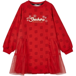 斯凯奇新年童装商场同款女童圆领连衣裙新年本命年红色公主风纱裙
