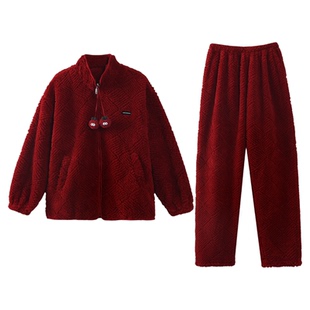 都市丽人红色情侣睡衣男女加绒加厚珊瑚绒新婚结婚可外穿本命年