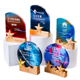 实木水晶奖杯定制订制奖牌授权牌定做创意五角星优秀员工年会颁奖
