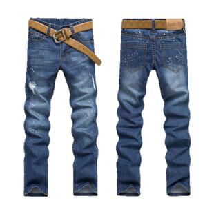 男士牛仔裤男款进口修身破洞韩版直筒潮流春夏季乞丐裤油漆长裤子